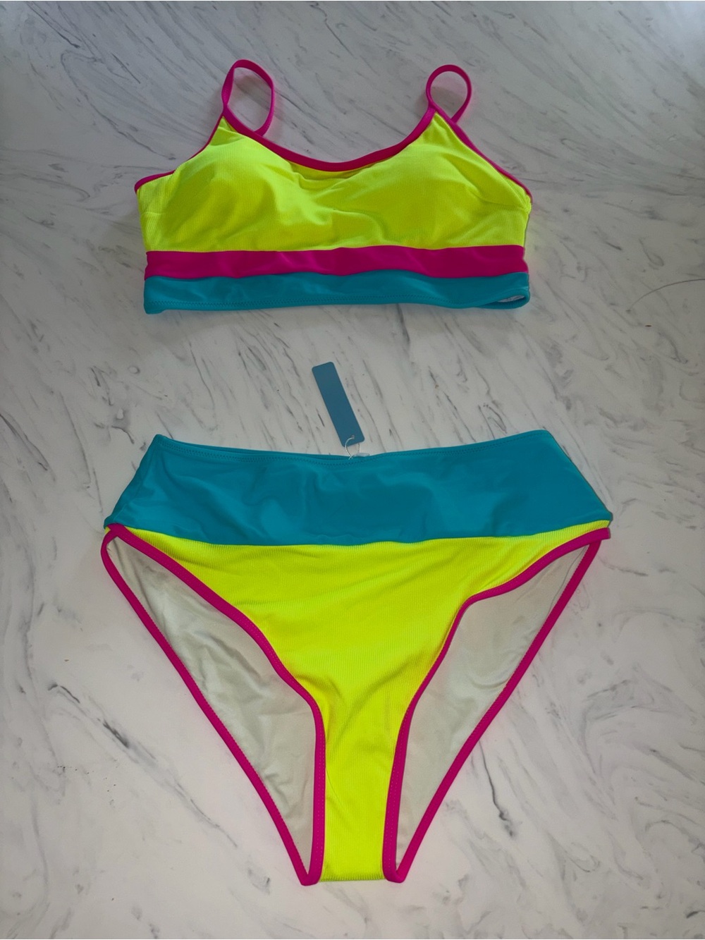 Popvil Colorblock two Piece bikini high waist Swimsuit xL Colorful Neon new nwt